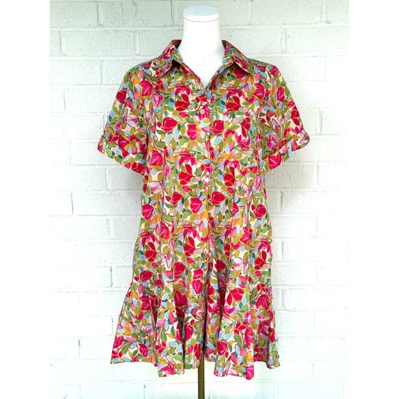 Entro Floral Button Dress Multicolor Collared Short Sleeve Tiered Hem Boho M - Picture 1 of 9